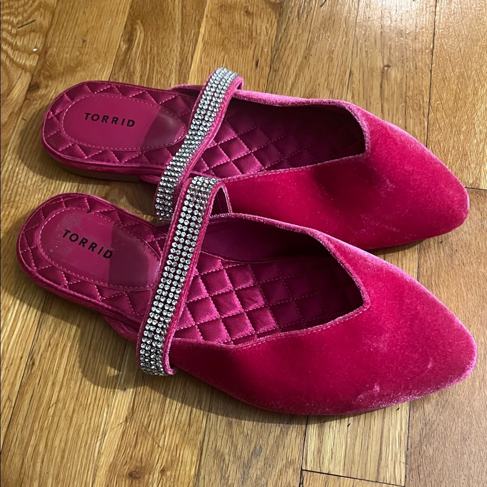 Torrid Fuschia Velvet Pointed Toe Mule with Embellished Strap Flats - Wide Width